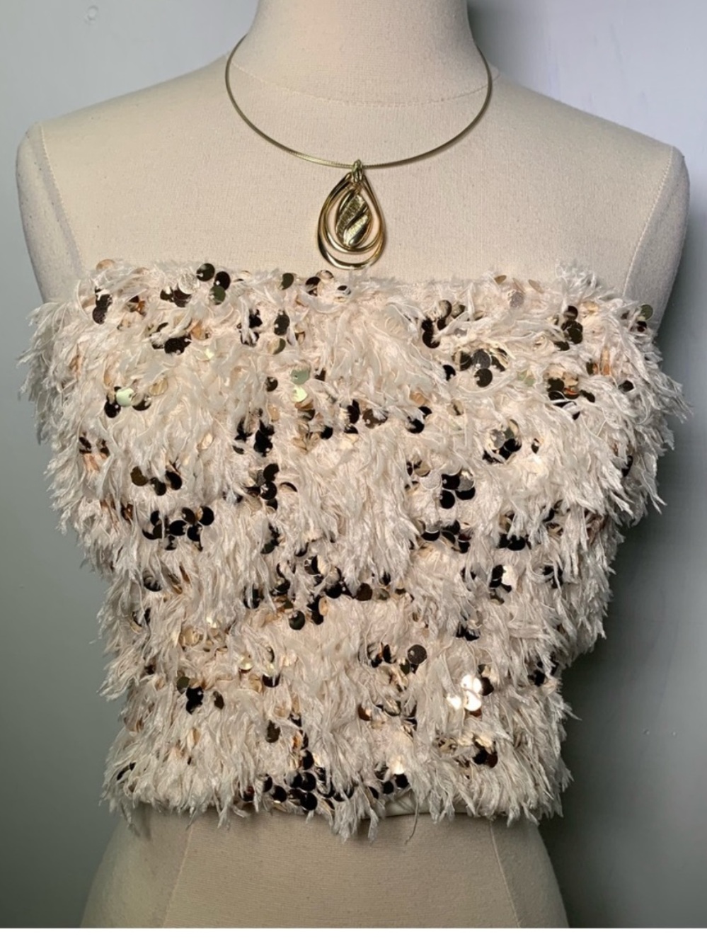 Zara Cream Sequin Feathered Crop Top